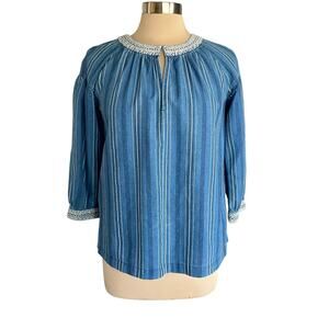 Massimo Dutti Blue Striped Keyhole Neck Embroidered Trim Top SMALL Spring Casual